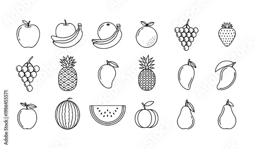 Fresh fruit line icon set with apple banana orange and tropical fruits minimal outline vector collection
