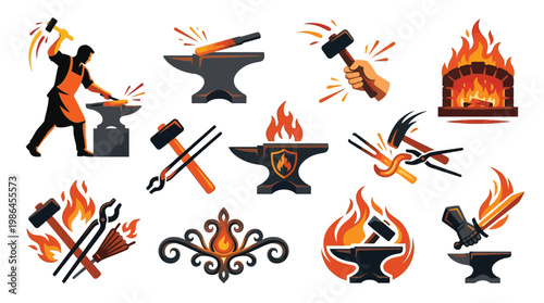 Collection of blacksmithing icons and illustrations depicting tools, fire, and the forging process.