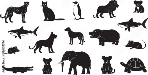 Animal silhouette illustration collection, cheetah cat penguin lion koala shark dog hippo mouse crocodile elephant turtle minimalist artwork