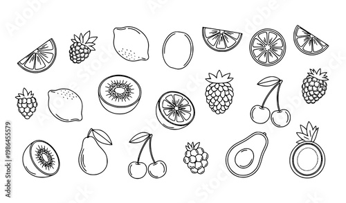 Assorted fresh fruit line drawings scattered layout with whole and sliced fruits minimal vector illustration
