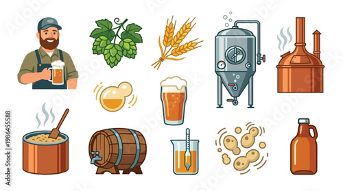 A collection of illustrations depicting the craft of brewing beer, from raw ingredients to the final product and the brewer.