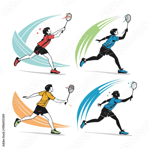 Stylized illustrations of badminton players in action with dynamic motion lines athlete sport