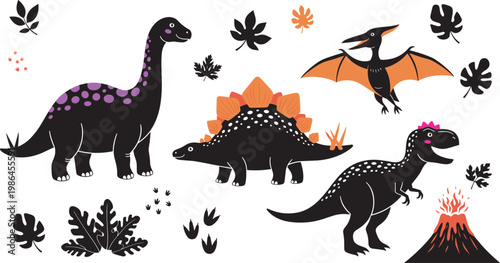 Colorful dinosaur illustration, Brachiosaurus Stegosaurus Pteranodon Tyrannosaurus, erupting volcano, prehistoric leaves footprints