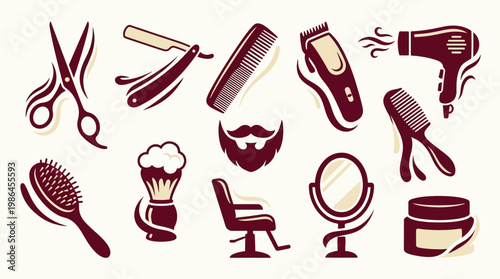 A collection of vintage barber shop tools and furniture, including scissors, razors, combs, clippers, a hairdryer, brushes, a shaving mug, a barber chair, a mirror, and hair products.