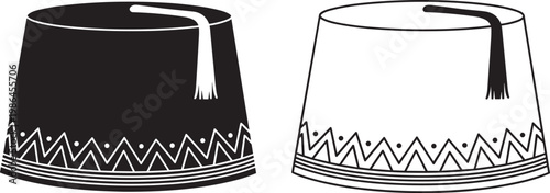 Fez hat illustration, traditional cultural headwear, black white contrast design, tassel artwork, decorative zigzag pattern concept
