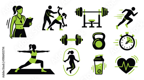 Collection of fitness and exercise icons, including a personal trainer, weightlifting, yoga, running, and a heart rate monitor.