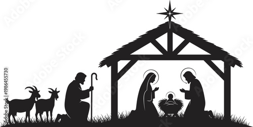 Flat vector illustration of a traditional nativity scene silhouette featuring baby Jesus Mary Joseph three wise men and stable animals.