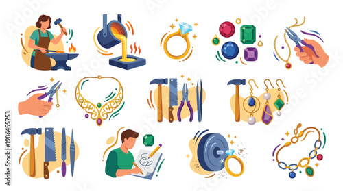 Collection of illustrations depicting the intricate process of jewelry making, from raw material casting to final design and crafting.