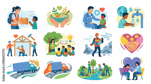 Collage of diverse illustrations depicting acts of kindness, community support, environmental care, and personal well-being.