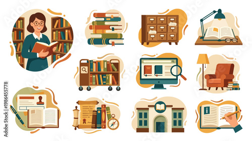 A vibrant collection of illustrations depicting various aspects of a library, including librarians, books, shelves, and study spaces.