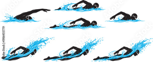 Flat vector illustration of professional swimmers in black silhouette with blue water splashes performing freestyle swimming stroke isolated on white.