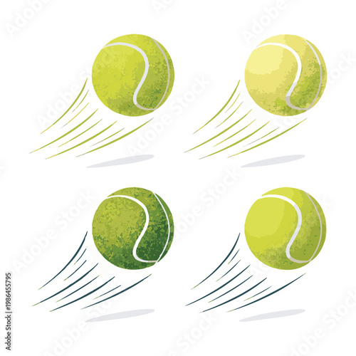 Four textured yellow tennis balls in motion with motion lines Keywords: tennis ball, sport, game