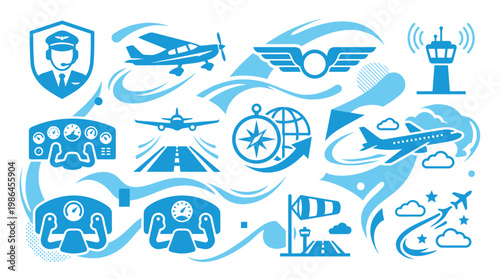 A vibrant collection of blue aviation icons representing pilots, aircraft, navigation, and air traffic control, set against a dynamic background.
