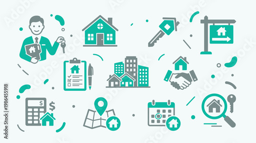 Collection of real estate icons representing buying, selling, renting, and property management services.