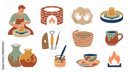 A collection of illustrations depicting various aspects of pottery making, including a potter at a wheel, a kiln, clay, tools, and finished ceramic pieces.
