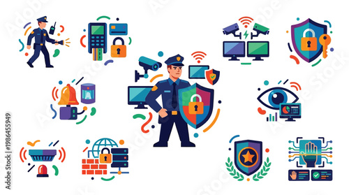 Security guard with shield surrounded by icons representing surveillance, access control, and digital protection.