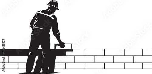 Masonry Worker Silhouette Building Brick Wall Wearing Safety Helmet Representing Construction Industry Professional Labor Architecture Development And Infrastructure Flat Vector Illustration