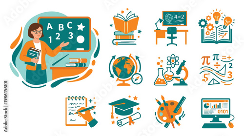 Collection of educational icons depicting a teacher, books, a globe, science equipment, math symbols, a graduation cap, art supplies, and a computer.