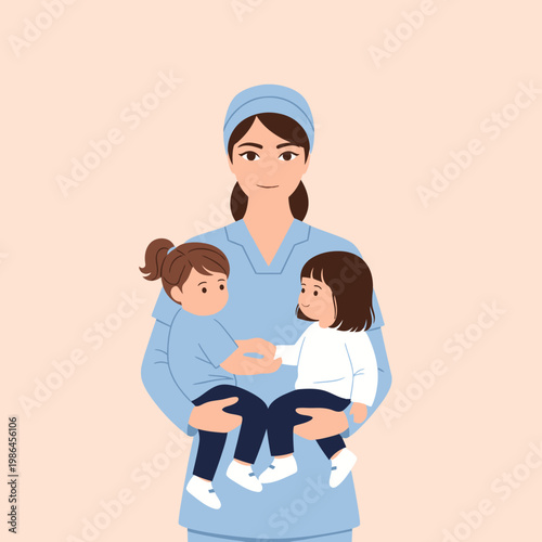 Flat vector illustration of a professional female childcare provider or pediatric nurse in blue medical scrubs and cap holding two young toddlers on a plain peach background.