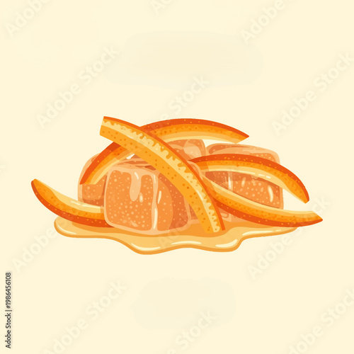 Vector illustration of candied orange zest strips layered over square citrus jelly cubes with sugar granules and glossy syrup puddle on a plain light cream background.