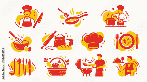 A collection of stylized icons representing various aspects of cooking, food preparation, and culinary arts, including chefs, ingredients, and dining.