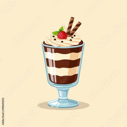 Vector illustration of a layered chocolate and cream parfait dessert in a glass goblet, topped with whipped cream swirl, fresh strawberry, mint leaf, and two chocolate wafer sticks.