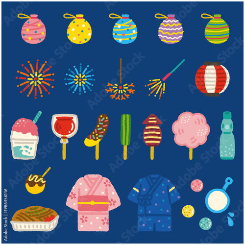 縁日 屋台 イラストセット 夏祭り 手描き シンプル フラット素材