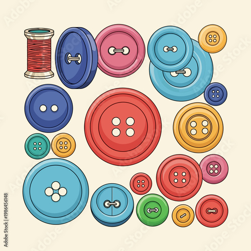 Vector illustration of colorful sewing buttons in various sizes and shapes featuring two-hole and four-hole designs, along with a wooden spool of red thread on a plain background.