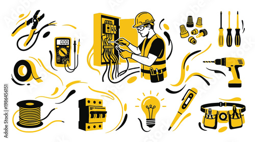 An illustration showcasing various electrical tools and a professional electrician working on a panel, highlighting the tools of the trade.