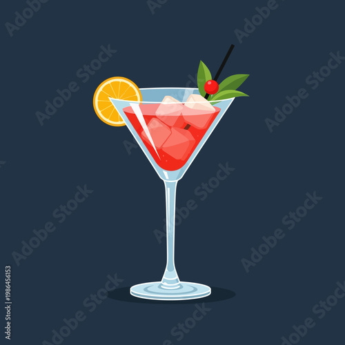 Vector illustration of a red cosmopolitan cocktail in a martini glass with ice cubes, garnished with an orange slice and a berry pick, isolated on a dark blue textured background.