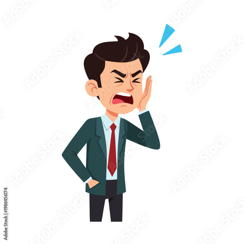 Vector illustration of a frustrated businessman in a green suit and red tie yelling with his hand on his face, expressing intense pain, stress, or complaining, isolated on white.