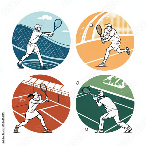 Tennis players in action on different court surfaces in circular graphics sport game