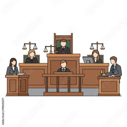 Flat vector illustration of a formal courtroom setting featuring a judicial panel, legal professionals, a witness stand, and an official with a gavel, including scales of justice.