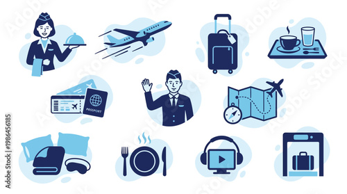 Collection of flat design icons representing various aspects of air travel and hospitality services.