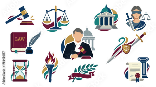 Collection of legal and justice-themed icons, including a judge, scales of justice, gavel, courthouse, and legal documents.