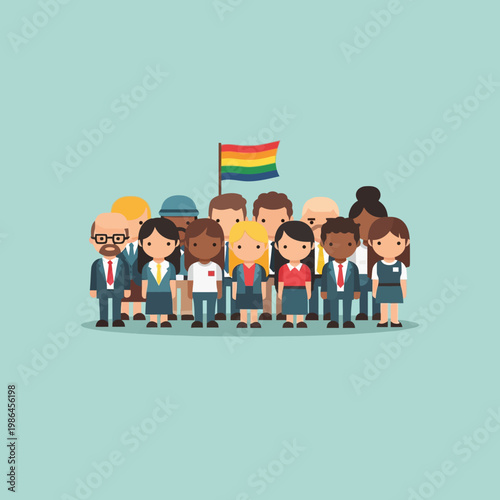 Vector illustration of a diverse group of multiracial professional people standing together, including men and women in business attire, featuring a rainbow LGBTQ pride flag.