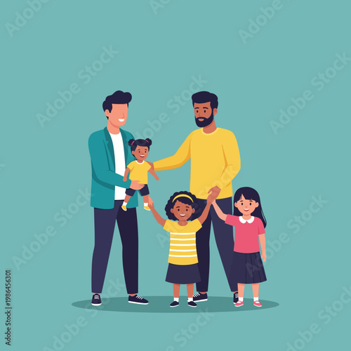 Vector illustration of a diverse LGBTQ+ family featuring two fathers and three young daughters of different ethnicities holding hands together on a solid turquoise background.