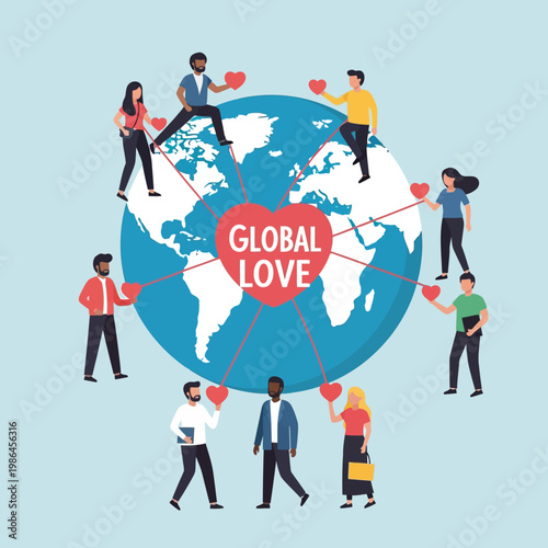 Flat vector illustration featuring diverse men and women standing around a planet Earth globe, holding red hearts connected by lines to a central heart with Global Love text.