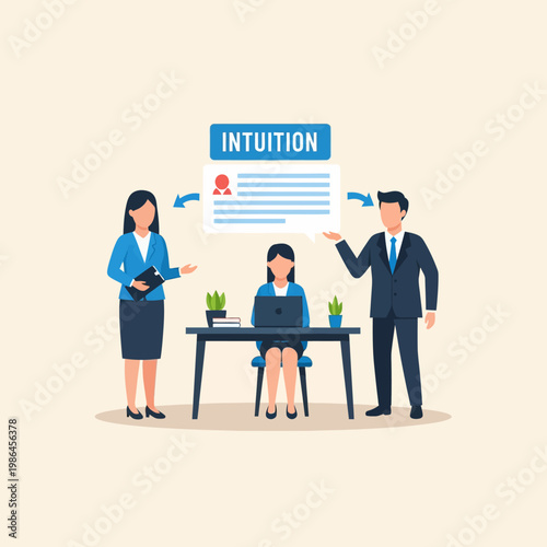 Business professionals collaborating in an office environment with a floating intuition sign and profile interface, depicting instinctive recruitment and decision-making concepts.