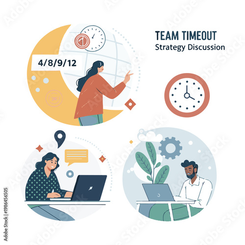 Team timeout strategy discussion with people working on laptops and clocks Keywords: team