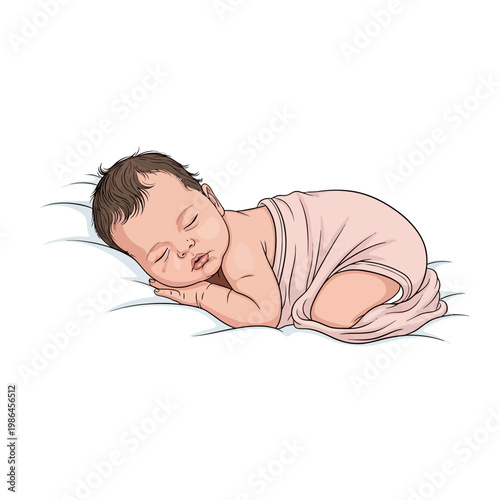 Vector illustration of a peaceful newborn baby sleeping soundly, wrapped in a light pink swaddle blanket on a white bed background with hand under chin, detailed digital artwork.
