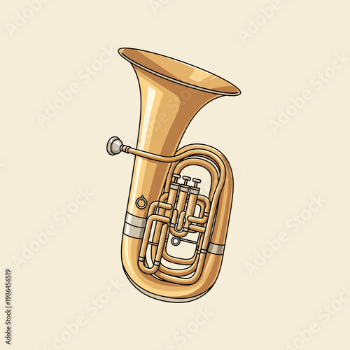 Gold brass tuba musical instrument illustration with a large flared bell, mouthpiece, three piston valves, and polished metallic finish isolated on a light cream background.