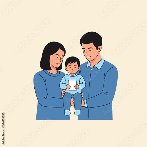 Line art vector illustration of a man and woman holding a young child who is holding a white rectangular card or photo, representing family, adoption, foster care, and child welfare.