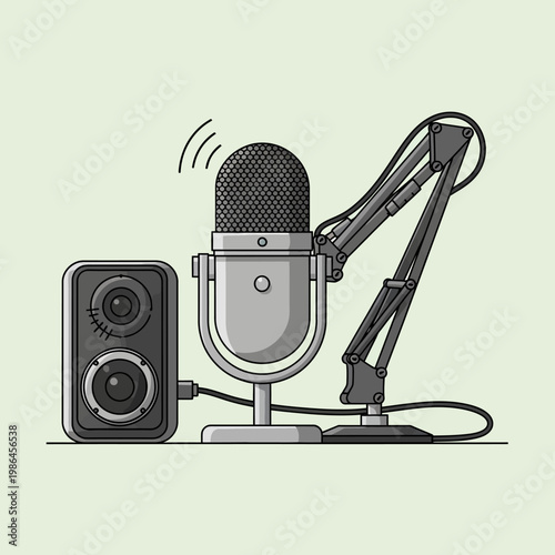 Vector illustration of a recording studio setup featuring a silver condenser microphone on a table stand, an adjustable metal boom arm, and a black studio monitor speaker with audio cables.
