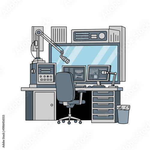Vector illustration of a professional radio broadcasting studio workstation featuring a desk with dual monitors, boom arm microphone, audio mixing equipment, and office chair.