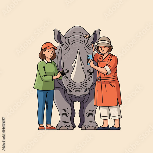 Vector illustration of two female wildlife researchers or tourists taking photos of a large grey rhinoceros using smartphones, conservation and animal welfare concept art.