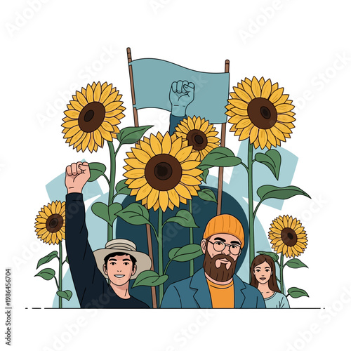 Vector illustration of diverse environmental activists raising fists amidst large yellow sunflowers and green foliage, holding a blue banner with a fist symbol on a white background.