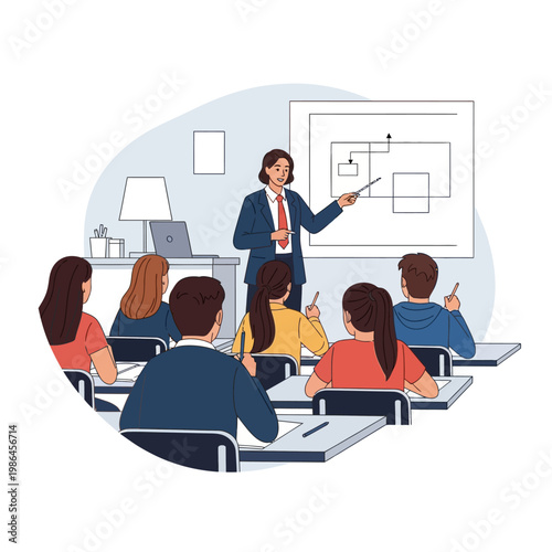 Flat vector illustration of a professional female teacher in a suit and tie using a pointer to explain a diagram on a whiteboard to a classroom of students seated at desks with notebooks.