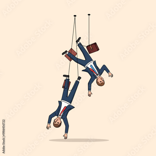 Vector illustration of two businessmen in professional suits hanging upside down from thin wires attached to their ankles, carrying brown briefcases on a beige background.