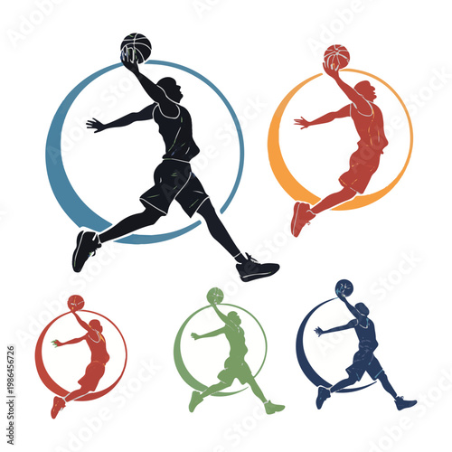 Basketball Players Dunking in Circles in Various Colors vector